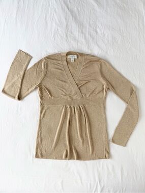 LOFT Shimmery Taupe Wrap-Front Long Sleeve Top